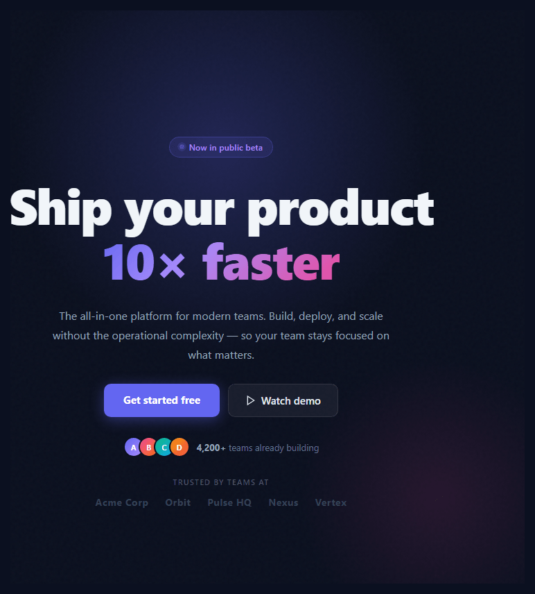 Screenshot of the Startup Hero snippet rendered live