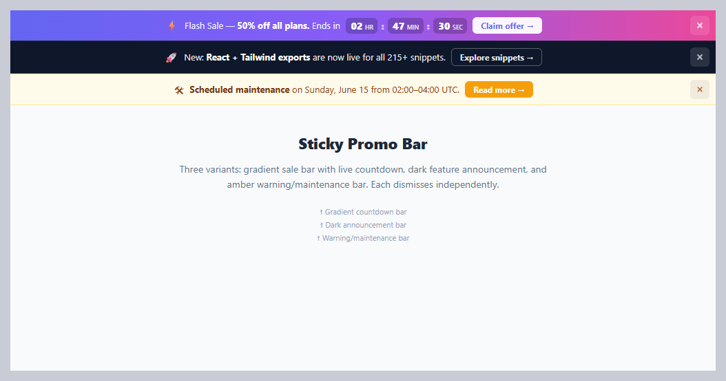 Screenshot of the Sticky Promo Announcement Bar snippet rendered live