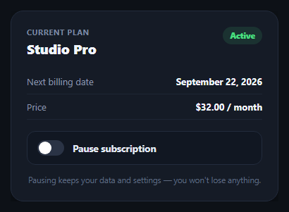 Screenshot of the Subscription Pause/Resume Flow snippet rendered live