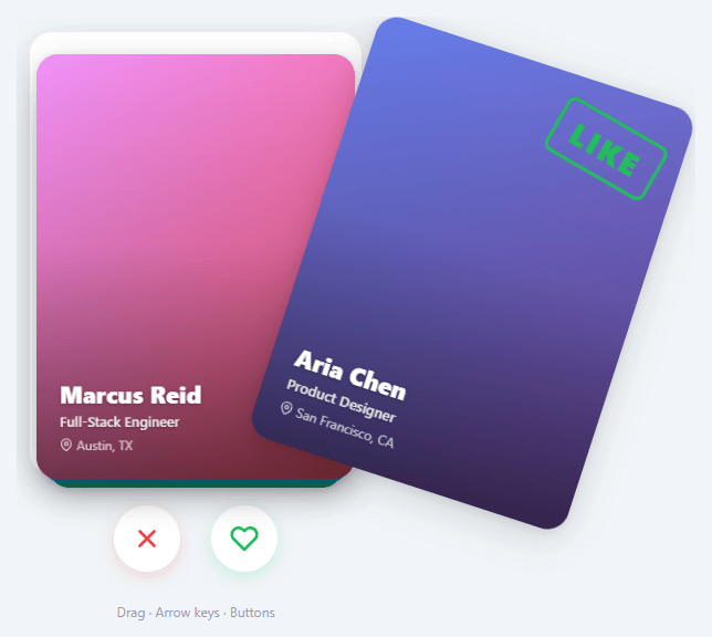 Screenshot of the Swipe Cards snippet rendered live