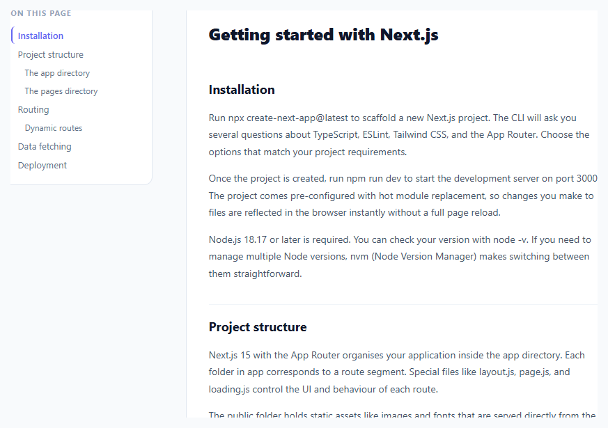 Screenshot of the Table of Contents snippet rendered live