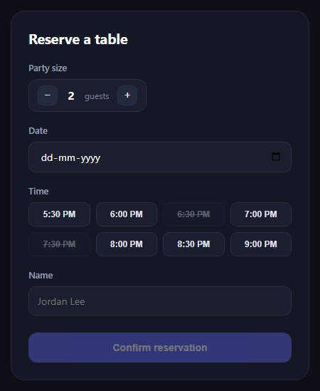 Screenshot of the Restaurant Table Reservation Form snippet rendered live