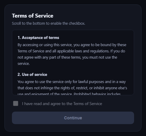 Screenshot of the Terms Acceptance Checkbox Pattern snippet rendered live