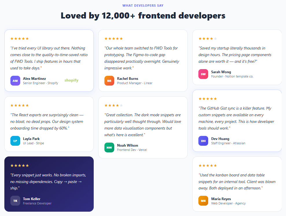 Screenshot of the Testimonial Masonry Wall snippet rendered live