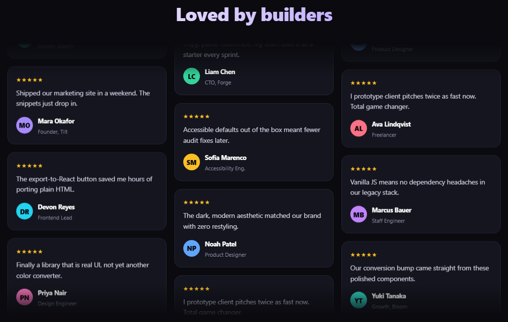 Screenshot of the Testimonial Wall snippet rendered live