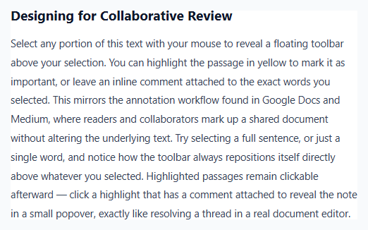 Screenshot of the Text Selection Highlight & Comment snippet rendered live