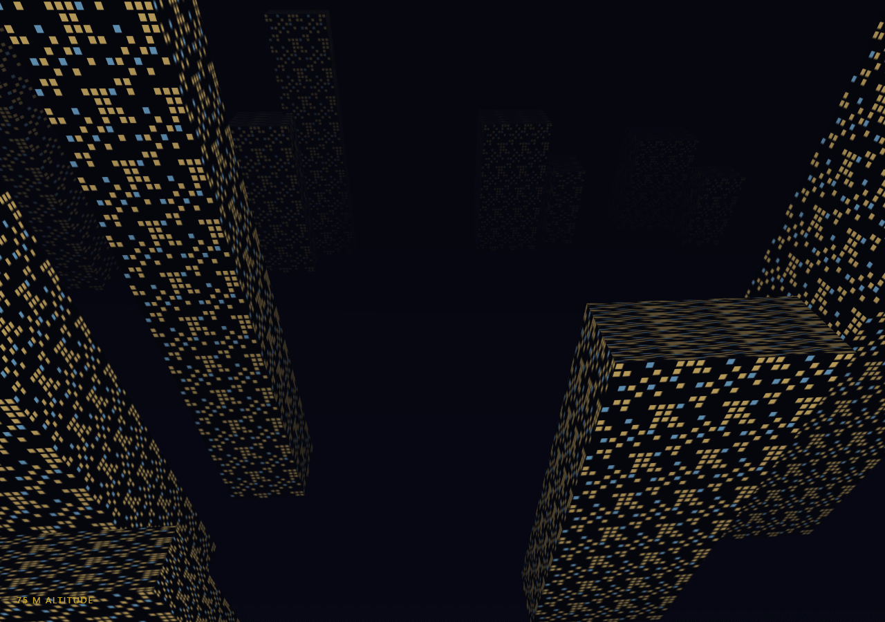 Screenshot of the Three.js Scroll City Flyover snippet rendered live