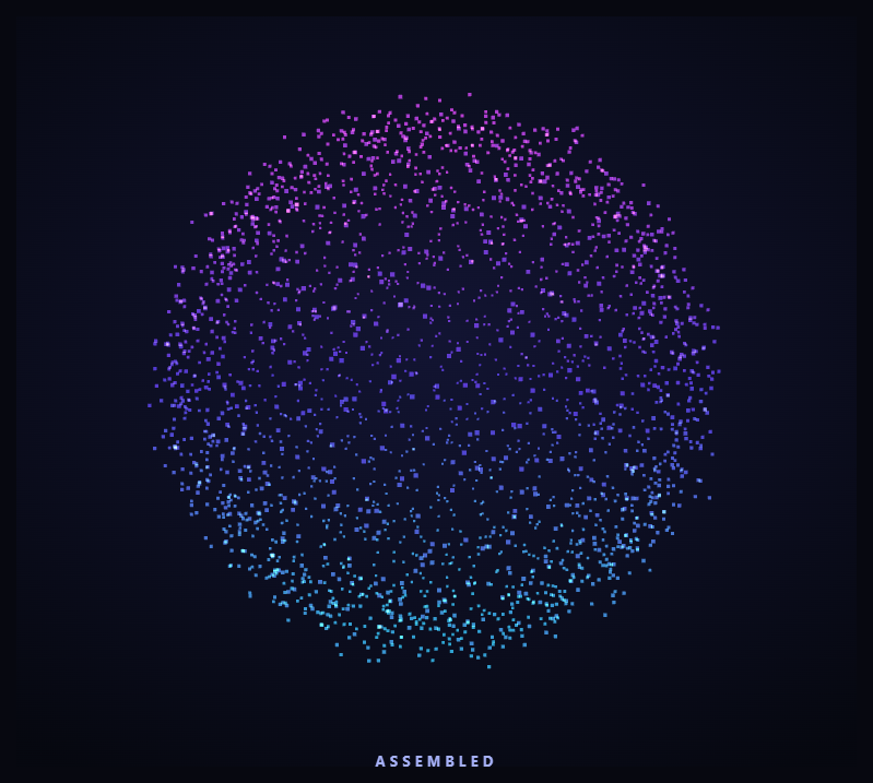 Screenshot of the Three.js Scroll Particle Assembly snippet rendered live