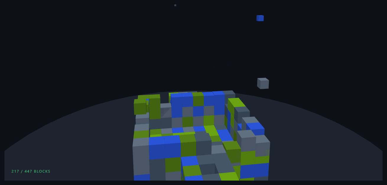 Screenshot of the Three.js Scroll Voxel Tower Build snippet rendered live