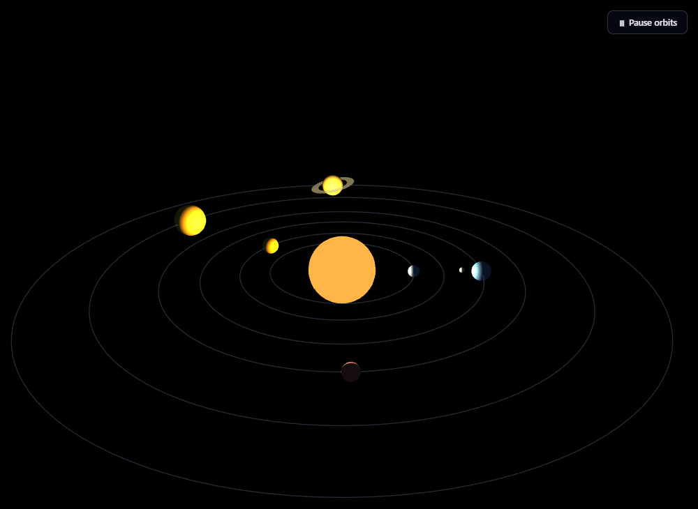 Screenshot of the Three.js Solar System snippet rendered live