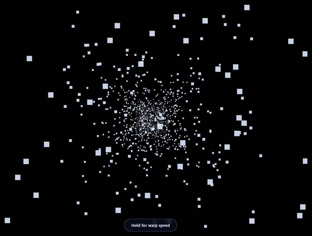 Screenshot of the Three.js Starfield Warp snippet rendered live
