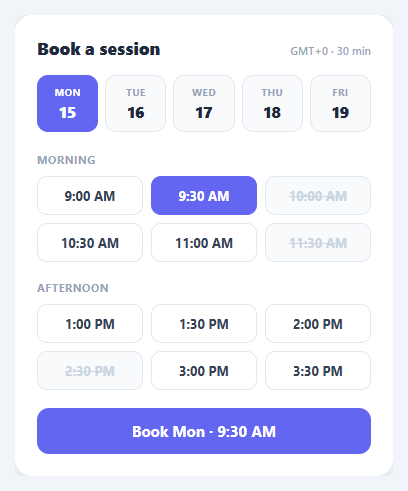 Screenshot of the Time Slot Picker snippet rendered live