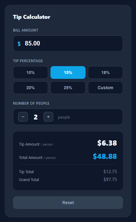 Screenshot of the Tip Calculator snippet rendered live