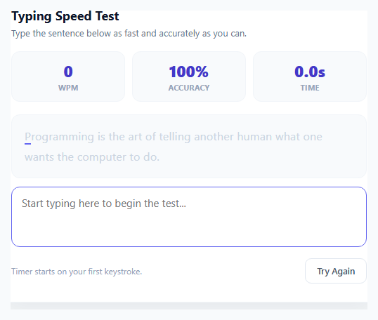 Screenshot of the Typing Speed Test (WPM Counter) snippet rendered live