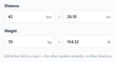 Screenshot of the Linked Unit Conversion Inputs — Two Fields That Stay in Sync snippet rendered live