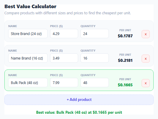 Unit Price / Best Value Calculator