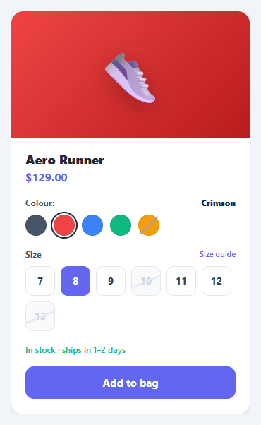 Screenshot of the Product Variant Selector snippet rendered live