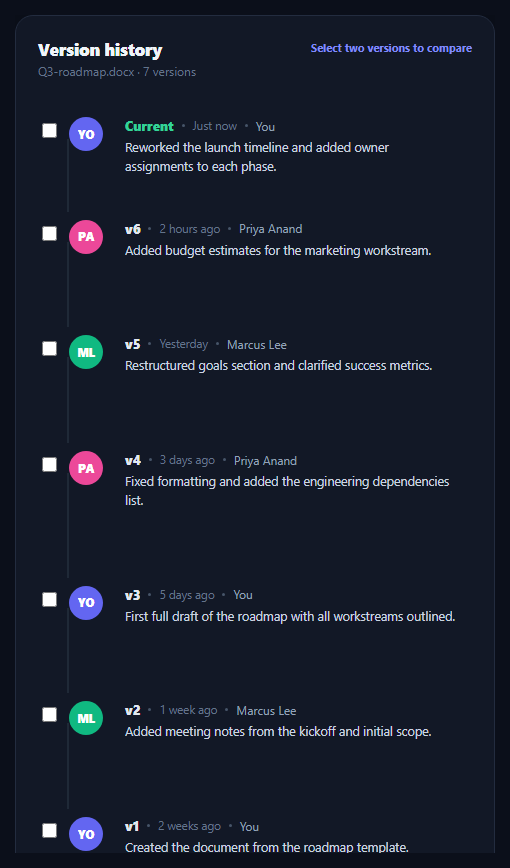 Screenshot of the Version History Timeline snippet rendered live
