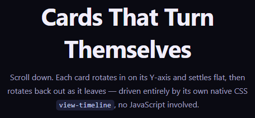 Screenshot of the 3D Card Rotate on Scroll (view-timeline) snippet rendered live