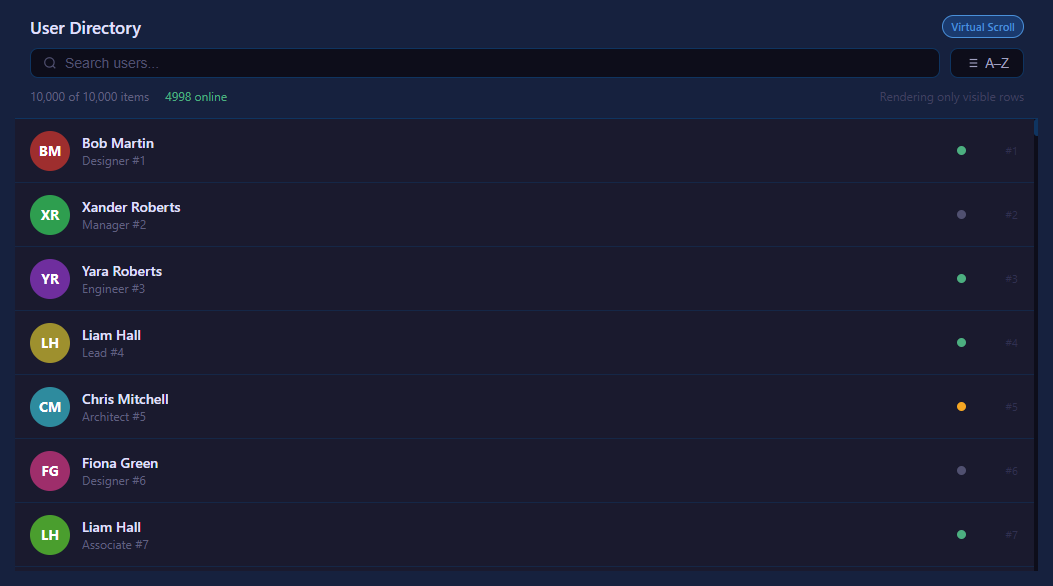 Screenshot of the Virtual Scroll List snippet rendered live