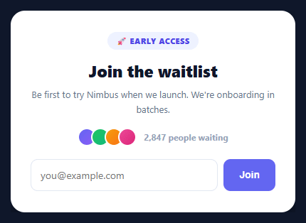 Screenshot of the Waitlist Signup snippet rendered live