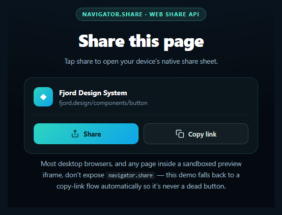 Screenshot of the Web Share Button snippet rendered live