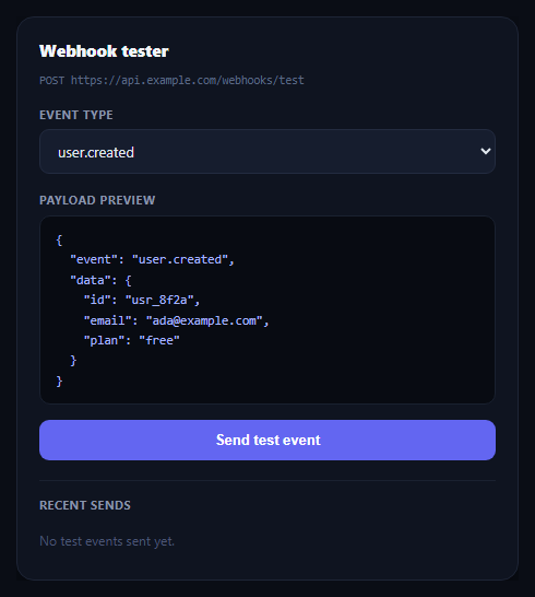 Screenshot of the Webhook Event Tester snippet rendered live