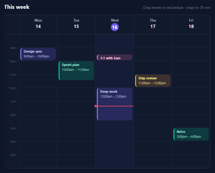 Screenshot of the Week View Scheduler snippet rendered live