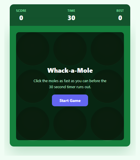 Screenshot of the Whack-a-Mole Game snippet rendered live