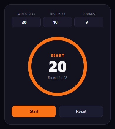 Screenshot of the Workout Interval Timer snippet rendered live