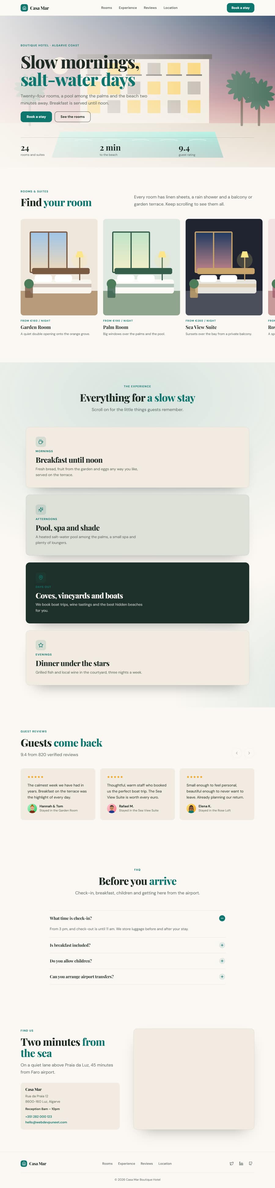 The complete Boutique Hotel Website template: Simple Sticky Navbar, Image Background Hero, Horizontal Scroll Gallery, Stacking Cards, Testimonial Carousel, FAQ Accordion, Contact With Map, Minimal Footer