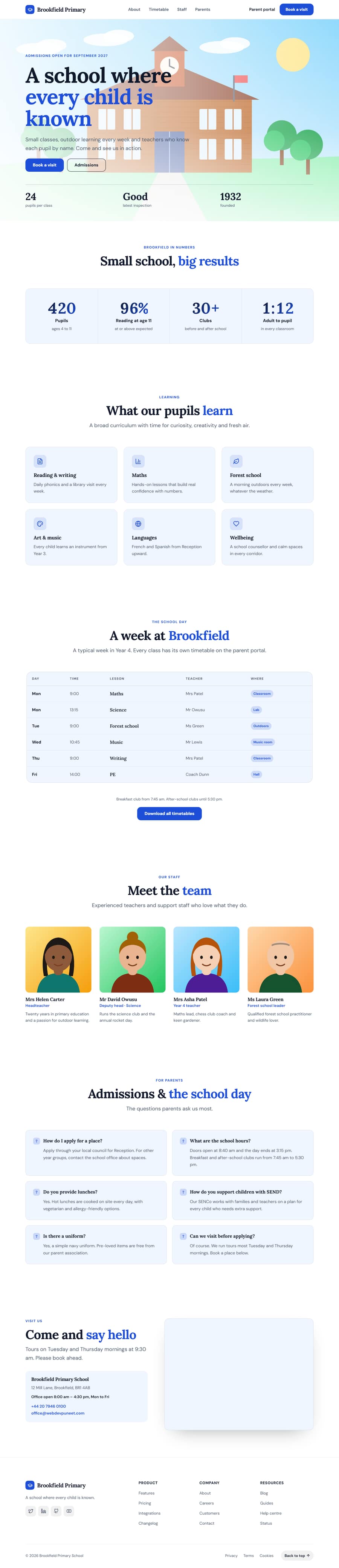 The complete School Website template: Simple Sticky Navbar, Image Background Hero, Animated Stats Counters, Icon Grid Features, Class Timetable, Team Grid, FAQ Grid, Contact With Map, Multi-Column Footer