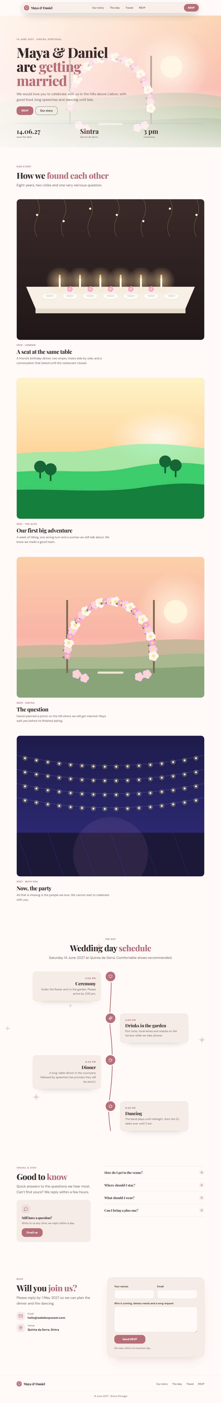 The complete Wedding Website template: Floating Pill Navbar, Image Background Hero, Pinned Scroll Story, Scroll Path Timeline, Split FAQ With Contact Card, Contact Form With Details, Minimal Footer