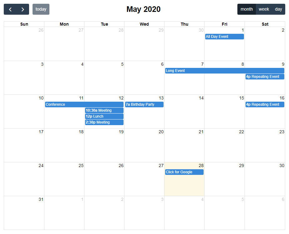 FullCalendar fullsized JavaScript Calendar Web Development
